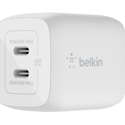 Belkin BoostCharge Pro - Power adapter - PPS and GaN technology - 45 Watt - 3 A - Fast Charge, PD 3.0 - 2 output connectors (2 x USB-C) - white