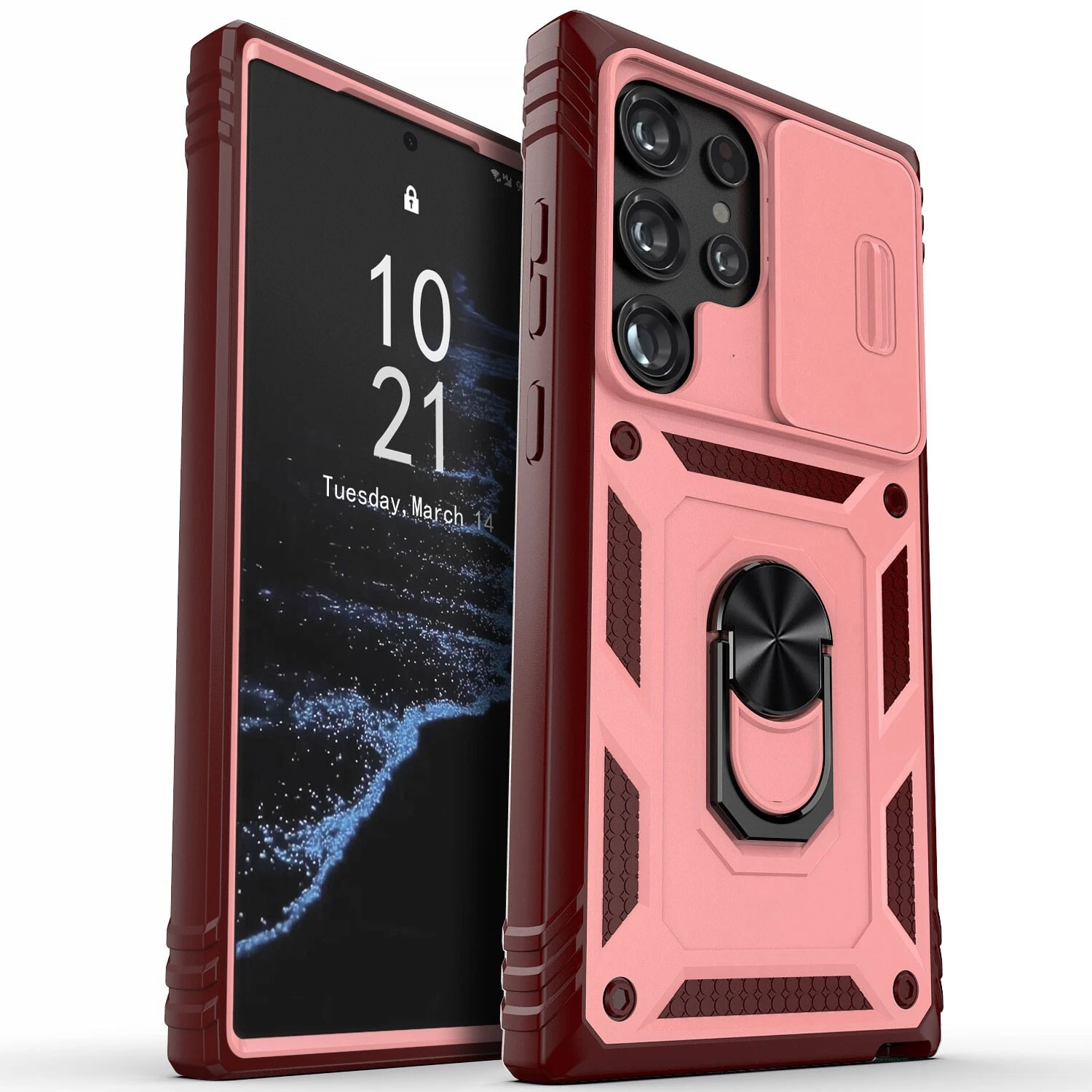 MT Phone Case Samsung S24 Ultra Shockproof w/ Ring &amp; Camera Sliding Window Rose Pink