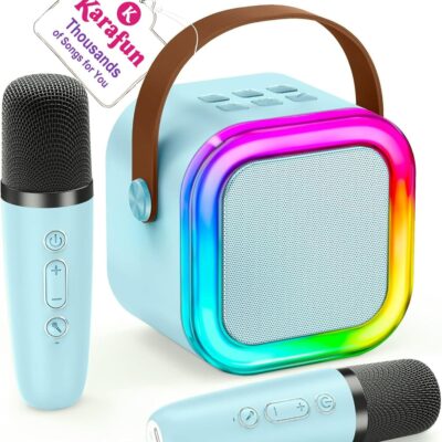 IROO - Kids Bluetooth Karaoke Machine with Lights-Voice Effects & 1-Month Karafun Premium – Portable Singing Toy for Ages 3–12- Blue