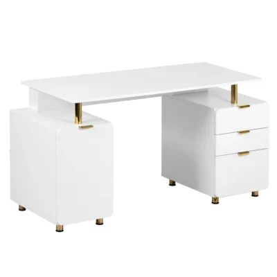 Techni Mobili - Elegant Executive Desk with Gold Accents - 3 Drawers-  Cabinet with Adjustable Shelf - Ventilation - CD-4991D-WHT